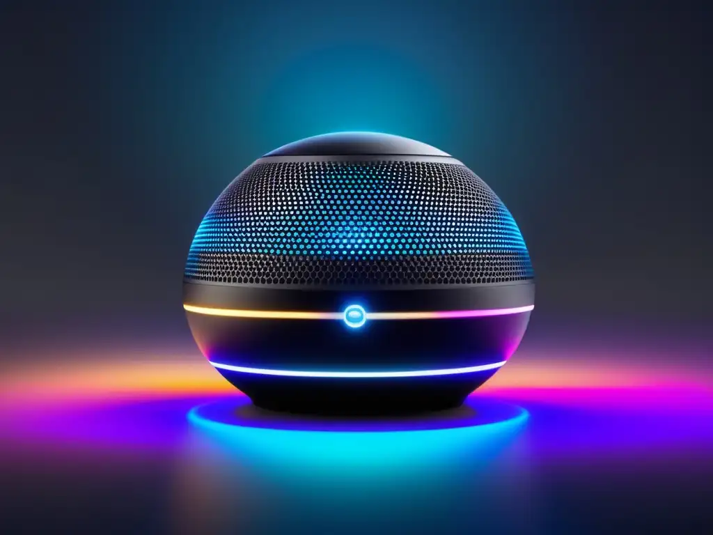 Impacto fibra óptica en música digital: elegante altavoz negro flotante con luces LED, diseño minimalista y ondas de sonido vibrantes