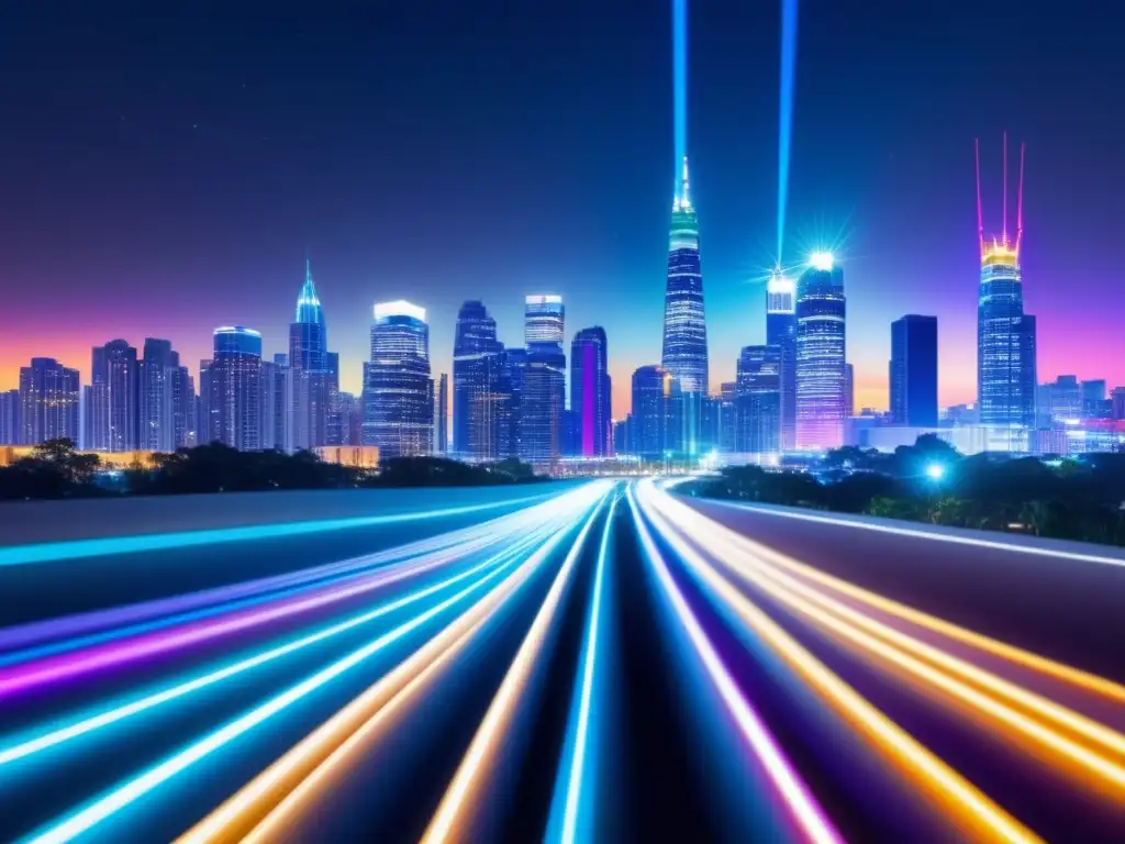 Beneficios de la fibra óptica en las redes globales: Impresionante imagen de la expansión de la infraestructura, con cables brillantes conectando modernos edificios en el skyline nocturno de una ciudad