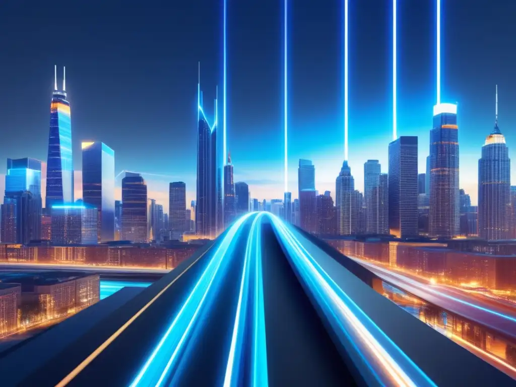 Normativas de fibra óptica y vida diaria en una imagen futurista de cable azul recorriendo ciudad