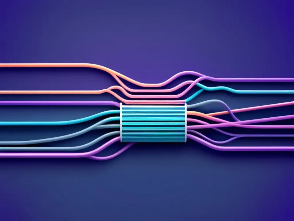 Escasez recursos en fibra óptica: ilustración moderna de cables de fibra óptica enredados, representando complejidades de producción #SEO