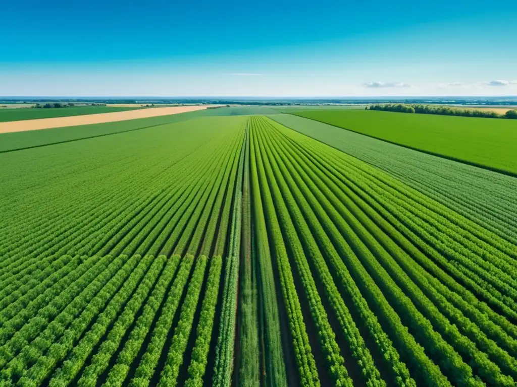 Beneficios de fibra óptica en agricultura: campo vasto, cultivos verdes, dron tecnológico capturando datos reales