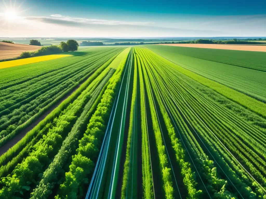 Beneficios de la fibra óptica en la agricultura: campo verde con cultivos vibrantes y moderna instalación de cables