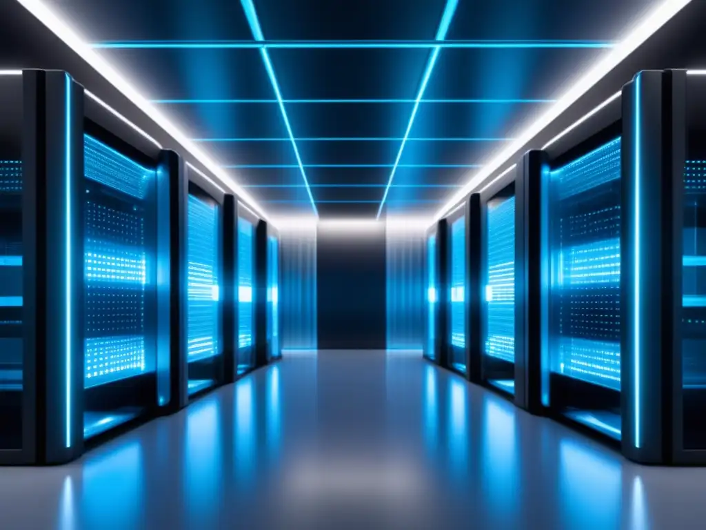 Ventajas fibra óptica en data centers: centro datos futurista, diseño minimalista, tecnología avanzada, eficiencia escalable