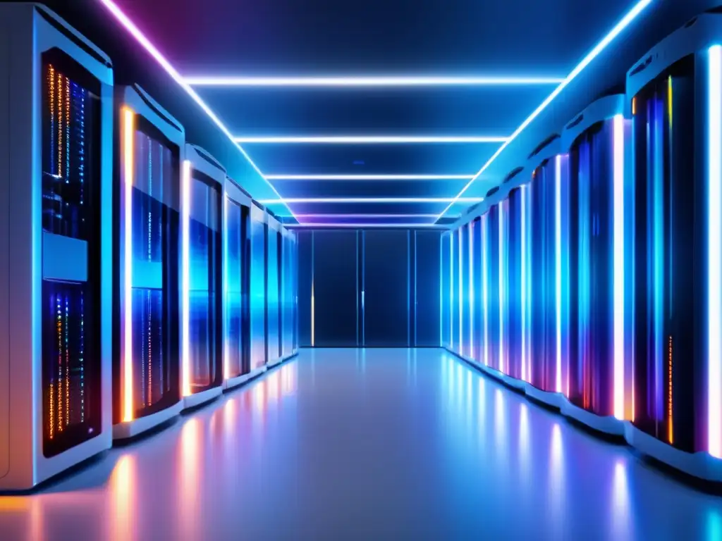 Ventajas de la fibra óptica en data centers: Imagen impactante de centro de datos moderno, con diseño minimalista y líneas limpias