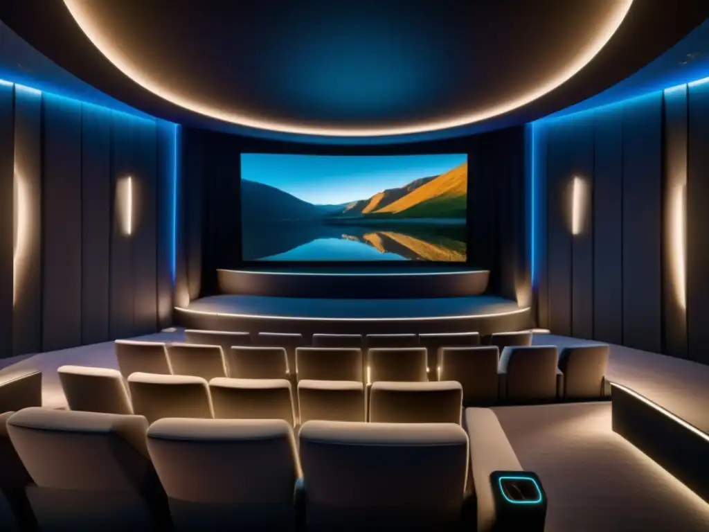 Impacto de la fibra óptica en salas de cine: Auditorio de cine de última generación con iluminación atmosférica y pantalla de alta definición