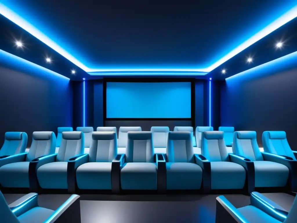 Avance del cine 3D con fibra óptica: Sala futurista con paredes metálicas, iluminación azul suave, asientos ergonómicos y pantalla grande