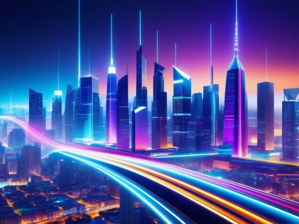 Innovaciones destacadas en fibra óptica: Ciudad futurista nocturna con edificios modernos, cables de fibra óptica coloridos iluminando las calles