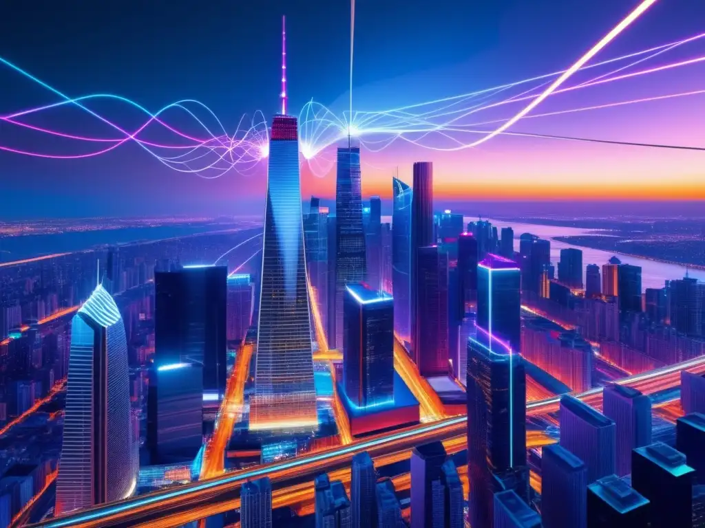 Inclusión digital y fibra óptica: ¿privilegio o derecho? Ciudad futurista iluminada por cables de fibra óptica