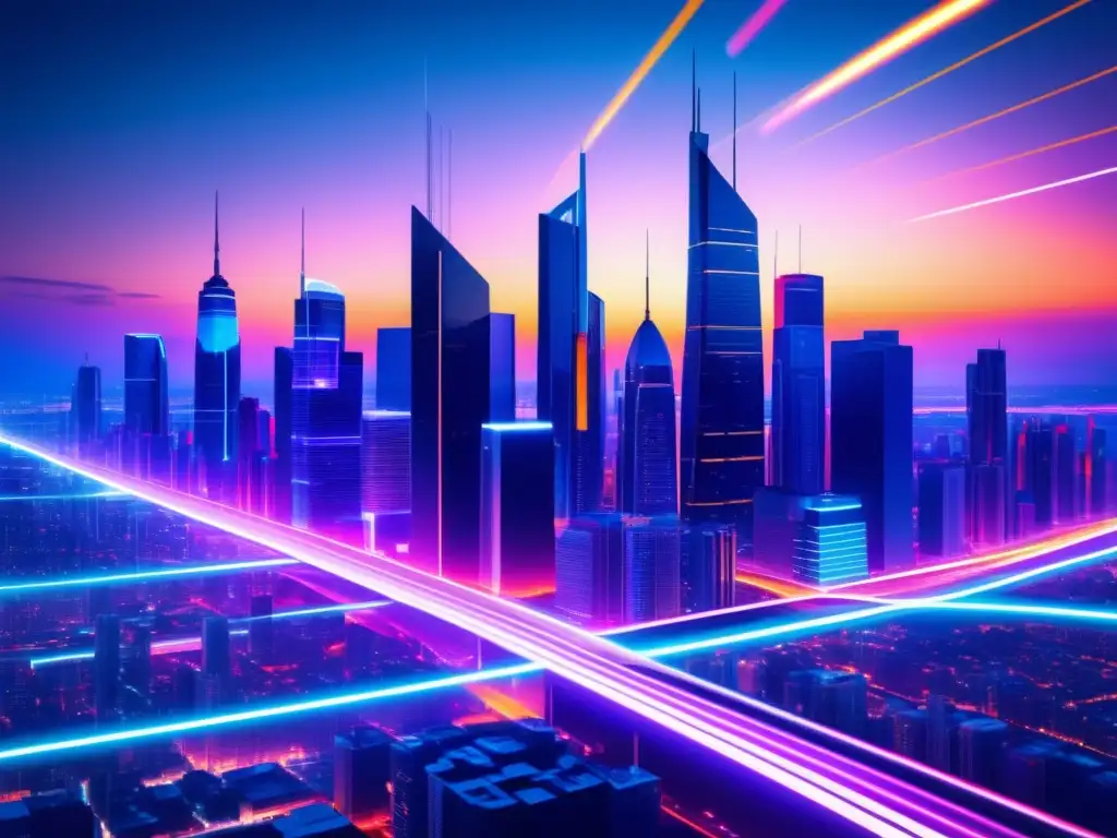 Ventajas de la fibra óptica en el streaming: Futurista ilustración de una ciudad con rascacielos iluminados y redes de fibra óptica entrelazadas