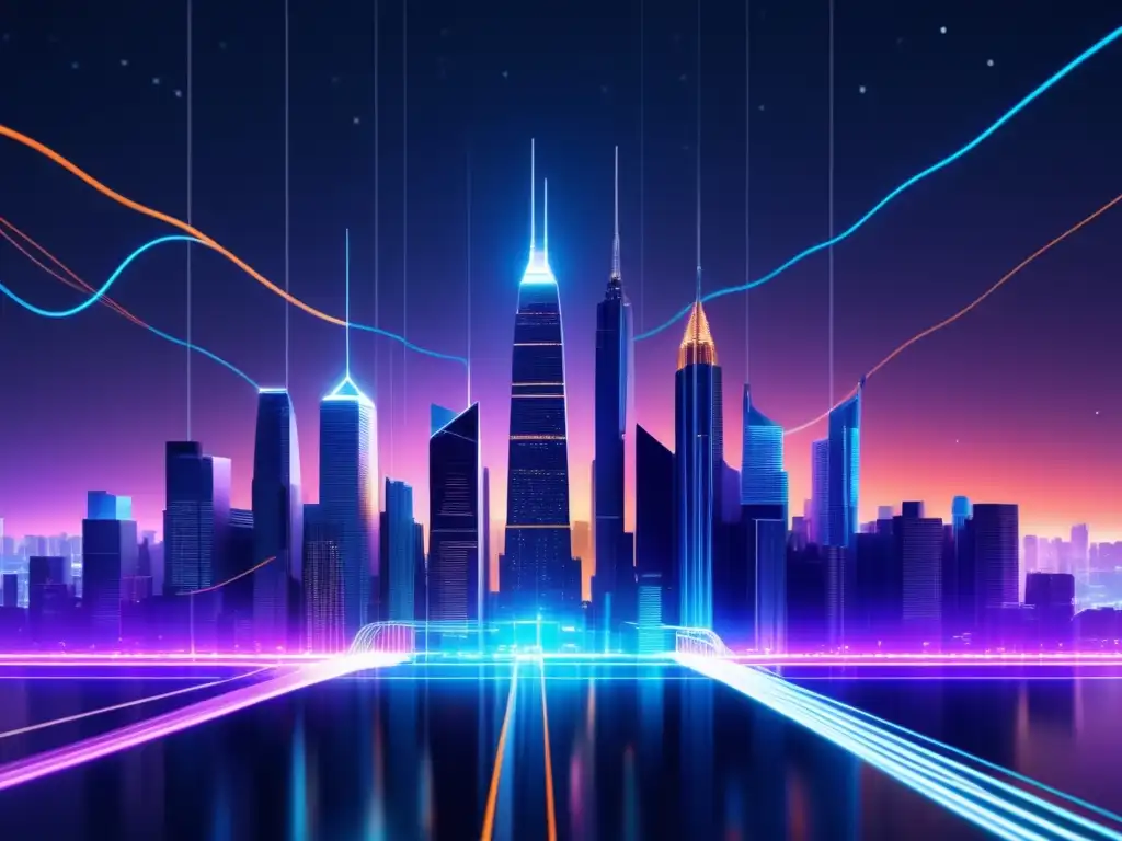 Futurista ciudad con rascacielos de cables de fibra óptica