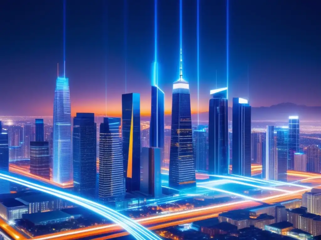 Ciudad futurista con cables de fibra óptica, reflejando la brecha entre promesa y realidad