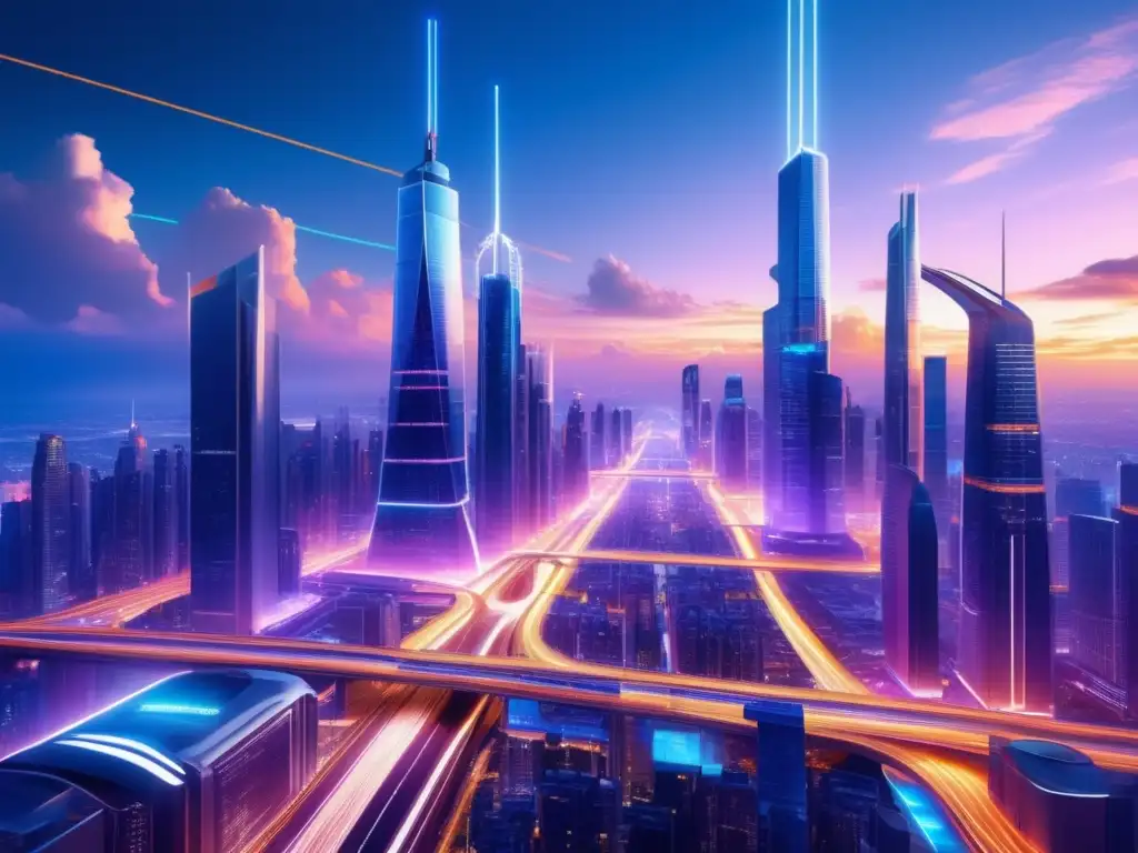 Futurista paisaje urbano nocturno con fibra óptica: Seguridad y avance tecnológico