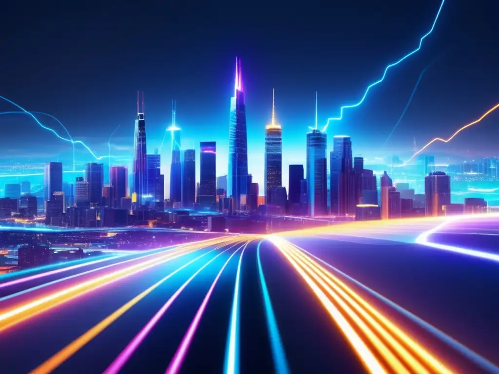 Importancia fibra óptica en transmisión datos: ciudad futurista iluminada por cables ópticos vibrantes, representando velocidad y eficiencia