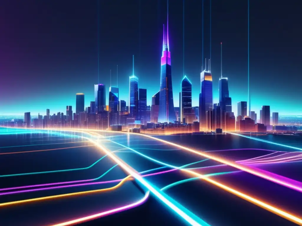 Beneficios y aplicaciones de la fibra óptica en una ciudad futurista iluminada por cables de colores vibrantes