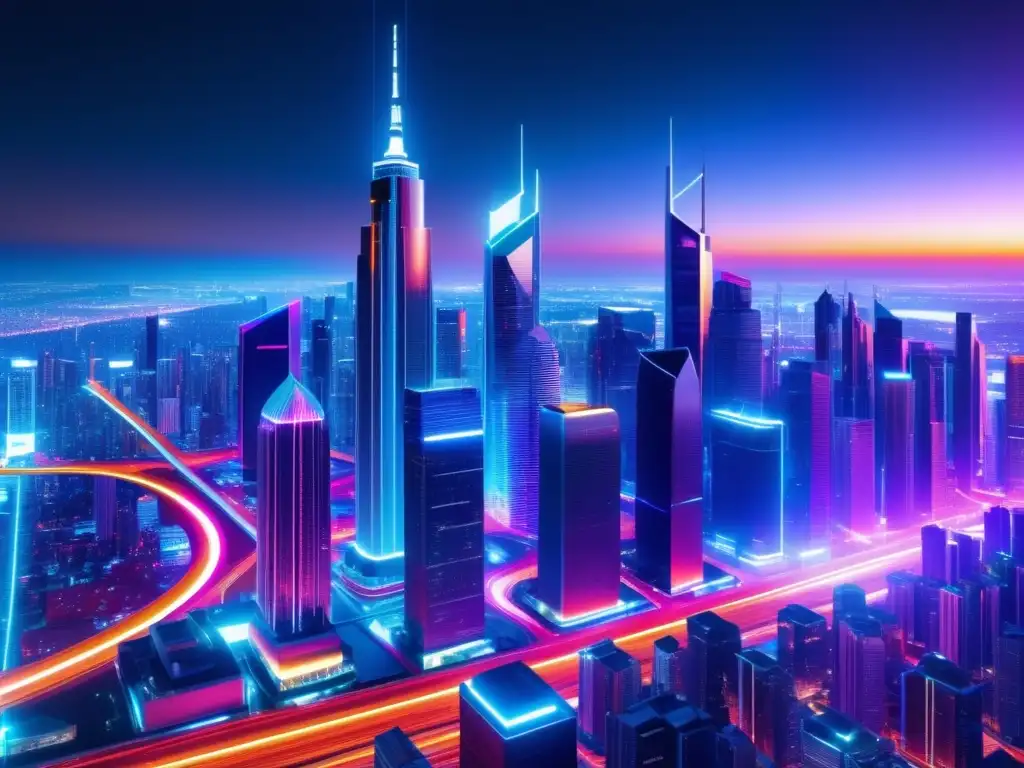 Futuro paisaje nocturno de una ciudad ultradetallada en 8k, con rascacielos modernos iluminados en colores vibrantes