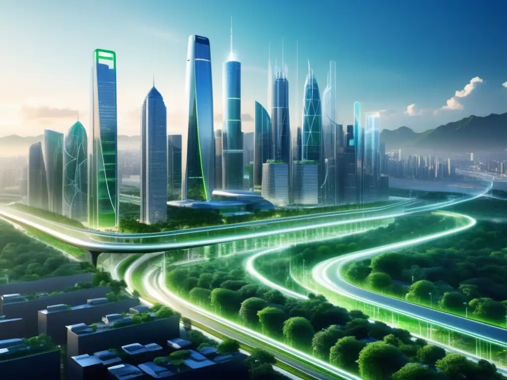 Impacto ambiental de la fibra óptica: ciudad futurista eco-amigable con tecnología y naturaleza