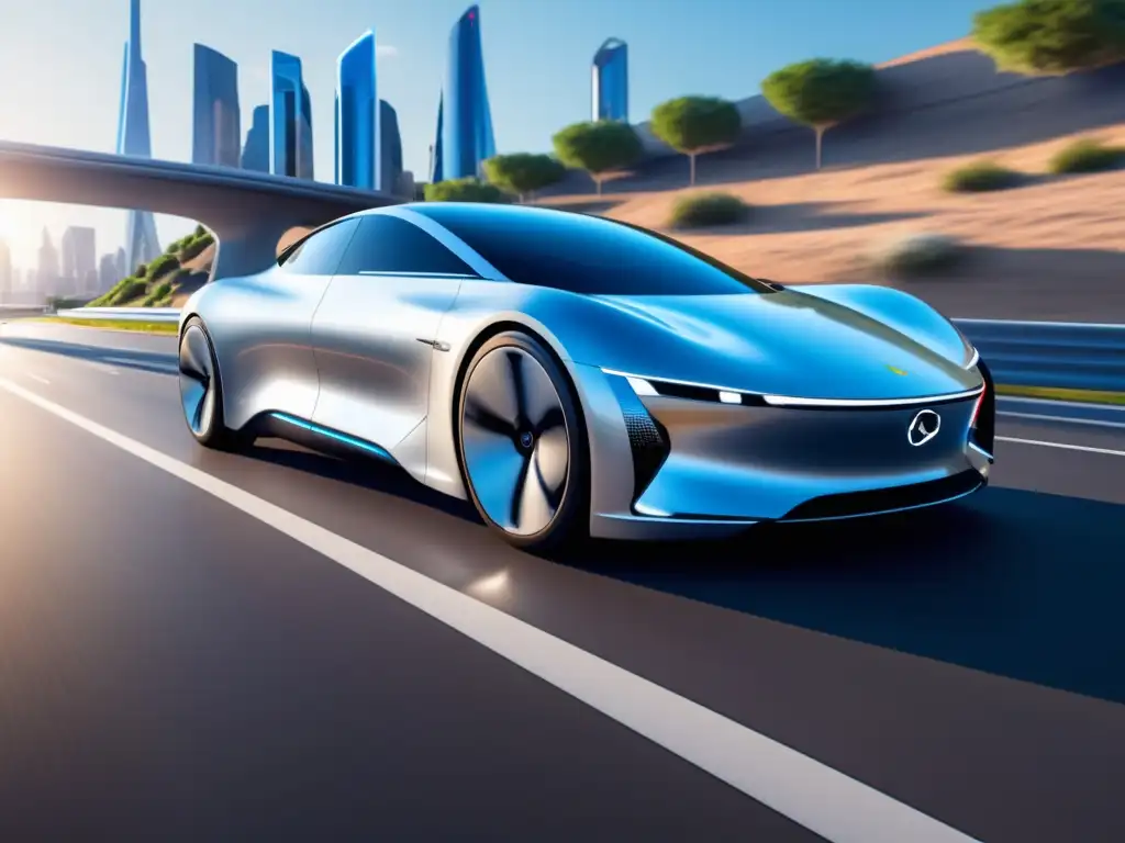 Ventajas de la fibra óptica en vehículos autónomos: Futurista imagen de un auto autónomo en una ciudad tecnológica