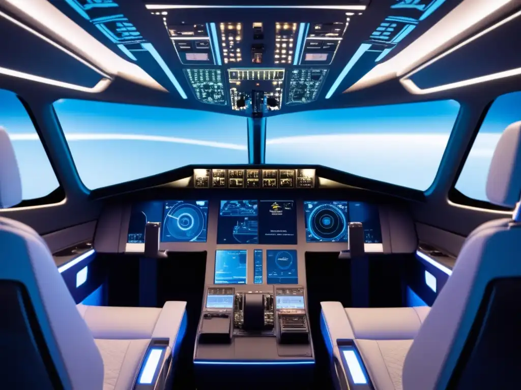 Ventajas fibra óptica en industria aeronáutica: moderno cockpit, comunicación avanzada, alta velocidad de datos, tecnología futurista