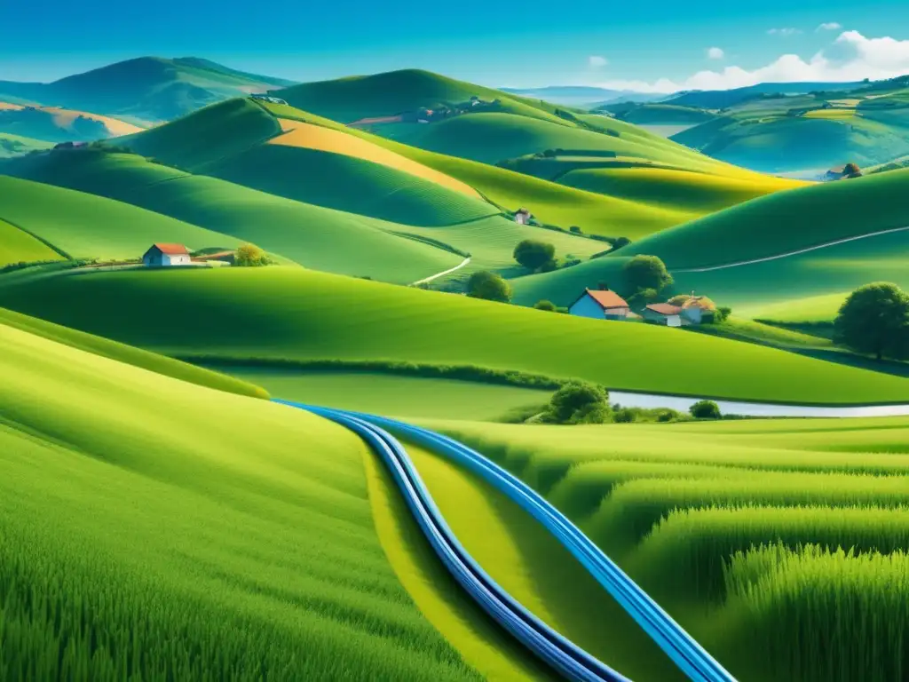 Soluciones de fibra óptica rural: Ilustración moderna de paisaje rural con colinas verdes y una cable de fibra óptica azul conectando aldeas y granjas