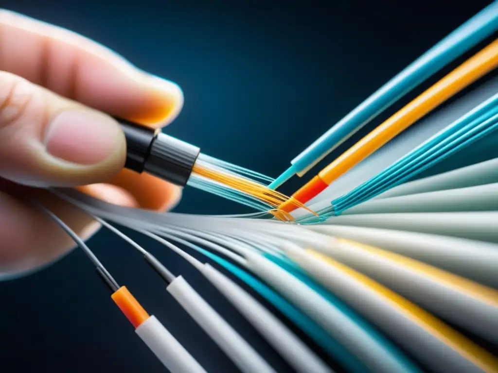 Evolución de la fibra óptica: Imagen detallada de la delicada conexión de cables y el proceso tecnológico de fusión