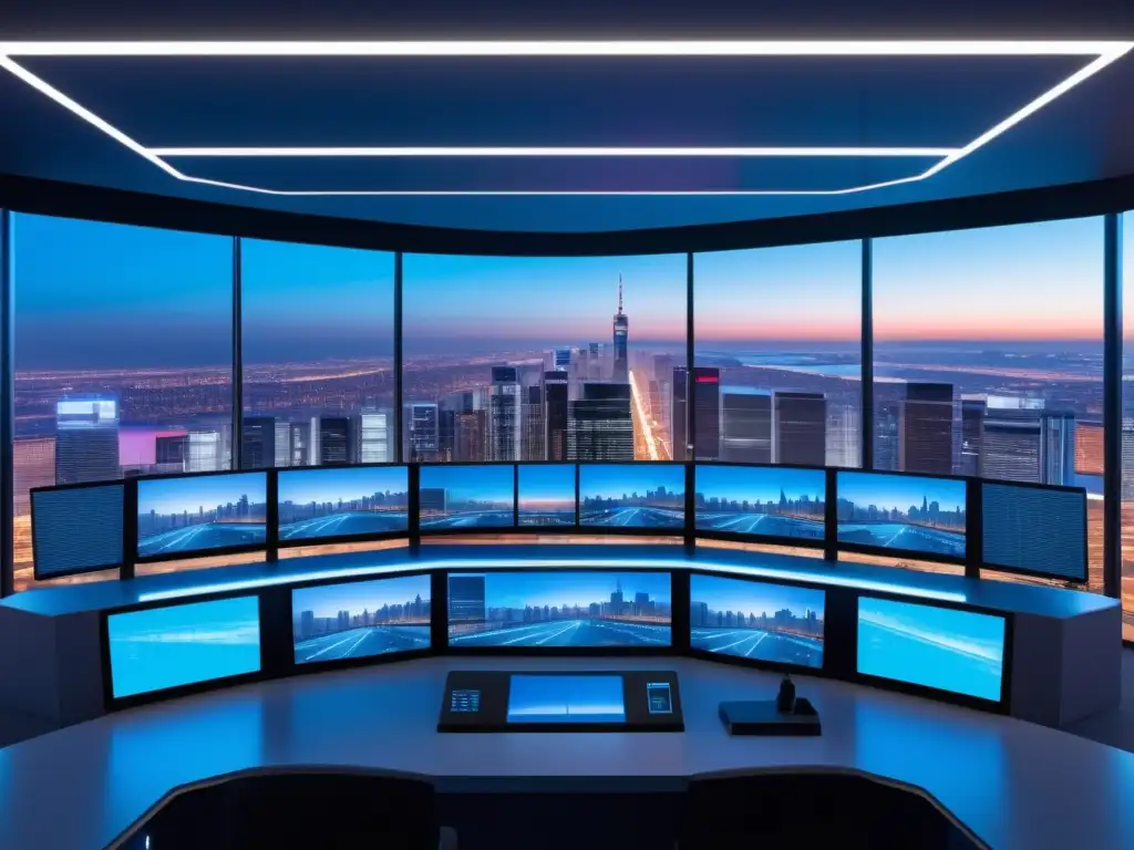 Control de seguridad con tecnología de fibra óptica: sala de control con vista panorámica de la ciudad al anochecer