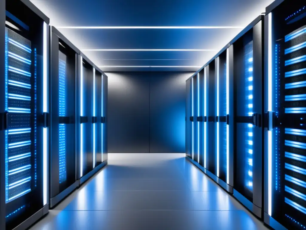 Beneficios Fibra Óptica en Data Centers: Eficiencia y diseño moderno destacan en imagen de centro de datos con servidores ordenados