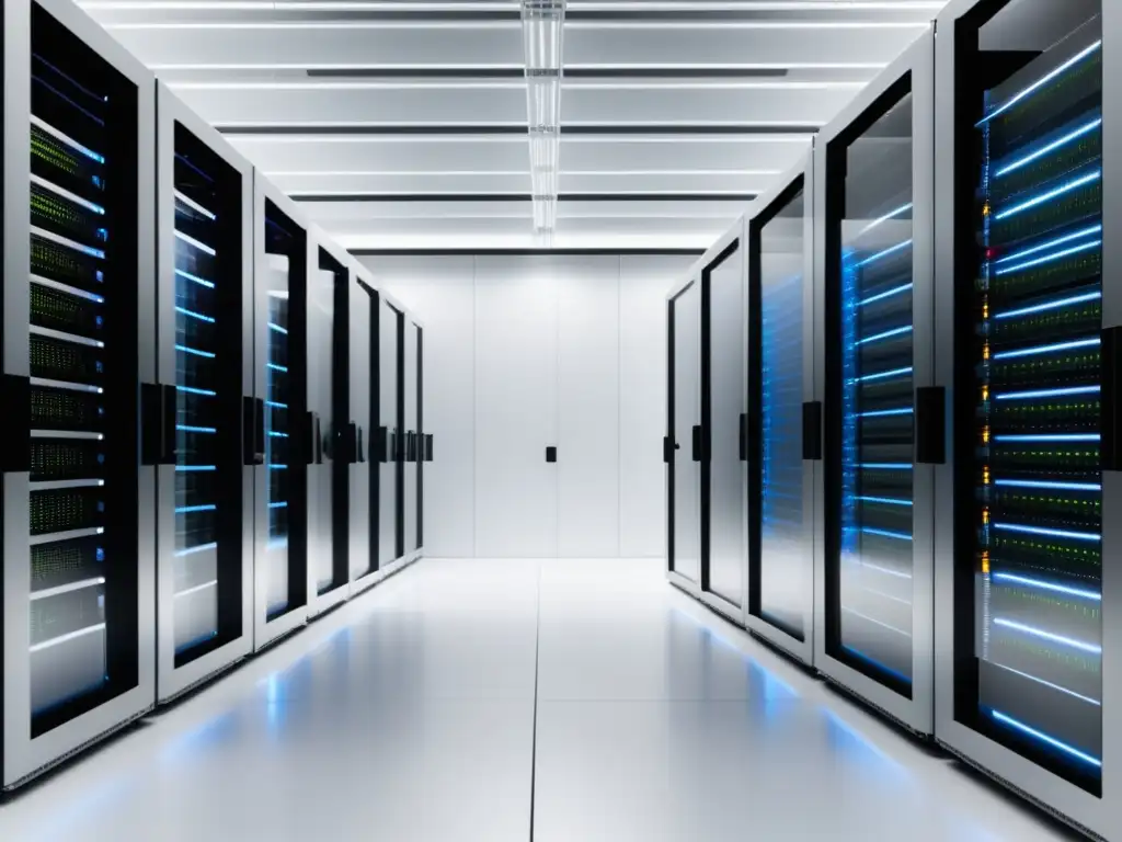 Ventajas de la fibra óptica en data centers: moderno centro de datos con diseño minimalista, racks de servidores organizados y cables ultradelgados