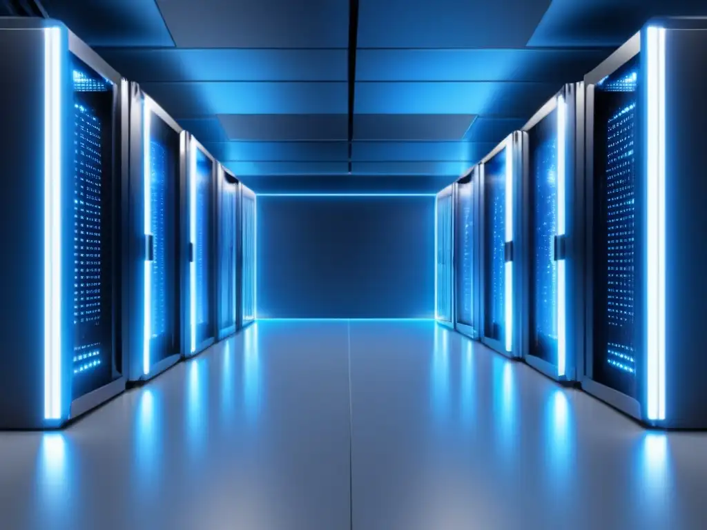 Beneficios tecnología óptica en data centers: moderno y eficiente centro de datos con racks organizados y potente capacidad de procesamiento