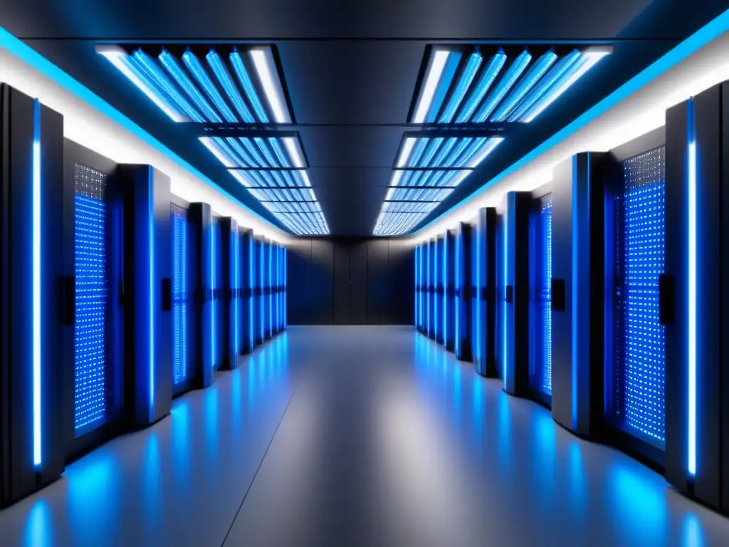 Data center moderno con diseño minimalista, iluminado por luces LED azules