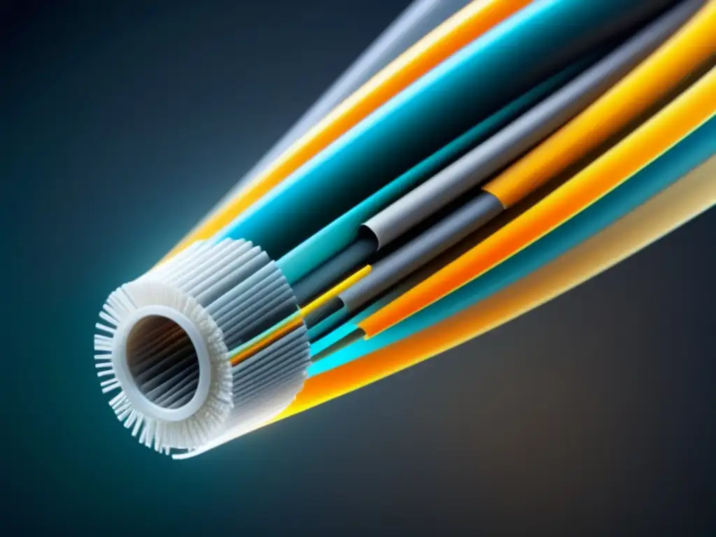 Impacto global de la fibra óptica, detalle 8K del cable con sus componentes internos y estructura exquisita