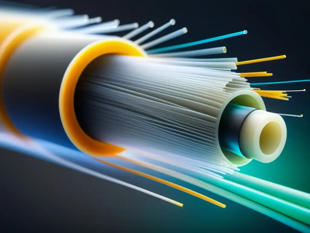 Patentes de tecnología de fibra óptica: Detalle de cable óptico 8k, revelando estructura interna y materiales utilizados