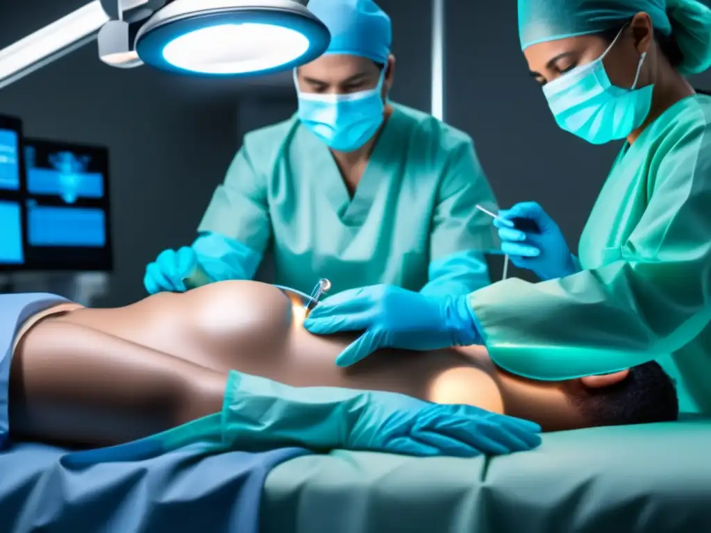 Beneficios de la fibra óptica en la medicina: Imagen detallada de una escena quirúrgica moderna, iluminada con fibra óptica