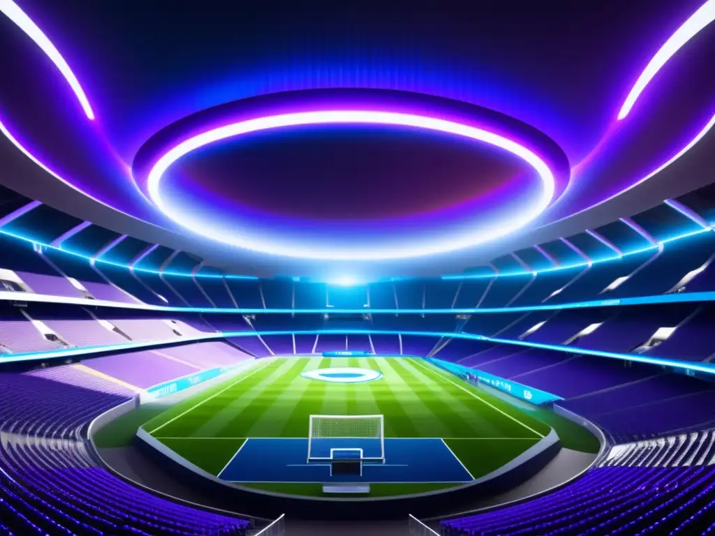 Estadio deportivo futurista iluminado por vibrantes haces de luz que representan los beneficios de la fibra óptica en el rendimiento deportivo