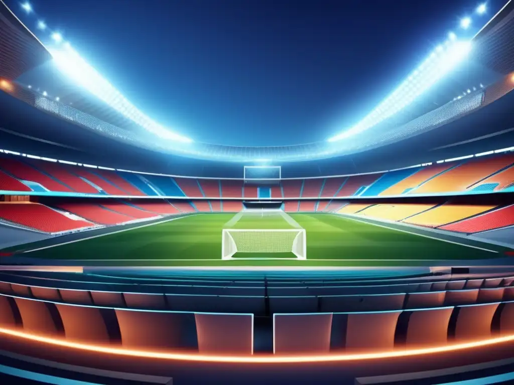 Beneficios de la fibra óptica en los deportes: Estadio deportivo moderno y vibrante con iluminación LED y colores contrastantes