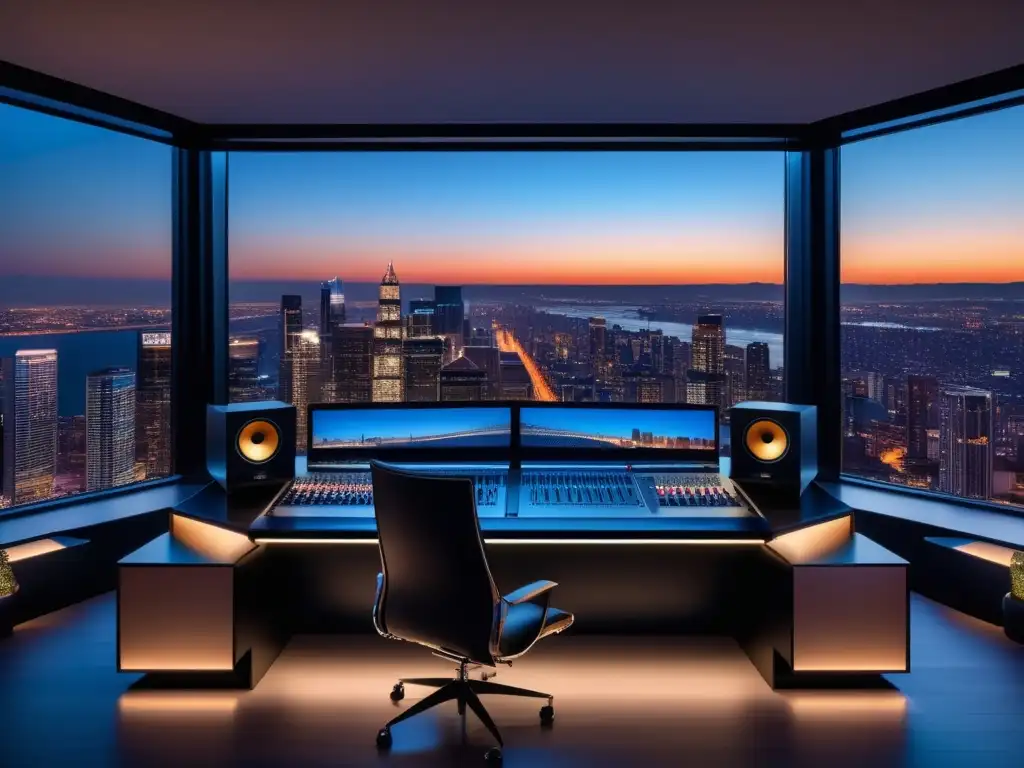 Estudio de grabación moderno con vista panorámica de la ciudad al atardecer