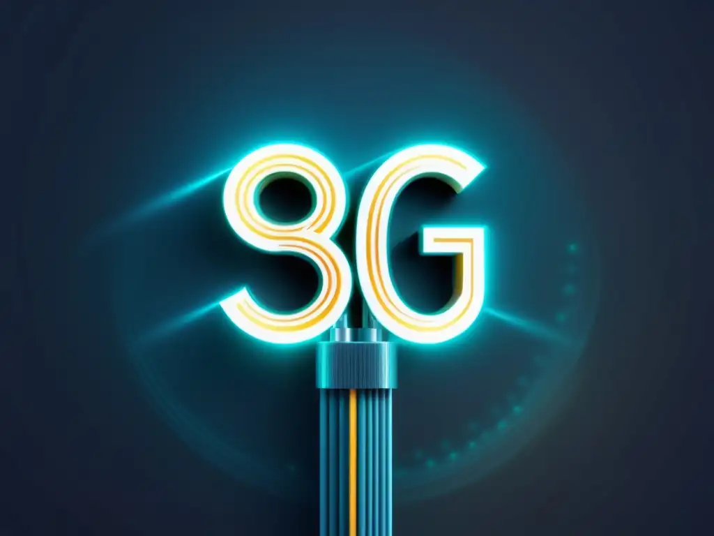 Ilustración minimalista y moderna de cable de fibra óptica 5G con detalles intrincados y núcleo transparente rodeado de luz vibrante