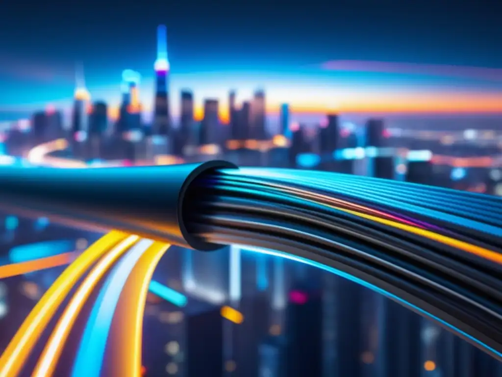 Beneficios fibra óptica en ciberseguridad: cable futurista y ciudad vanguardista con transparencia, flujo de datos vibrante