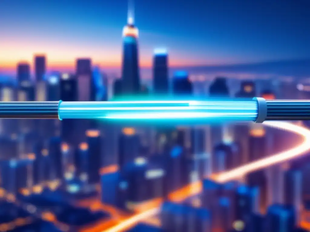 Beneficios de la fibra óptica en la comunicación: imagen 8k de cable futurista iluminando ciudad moderna