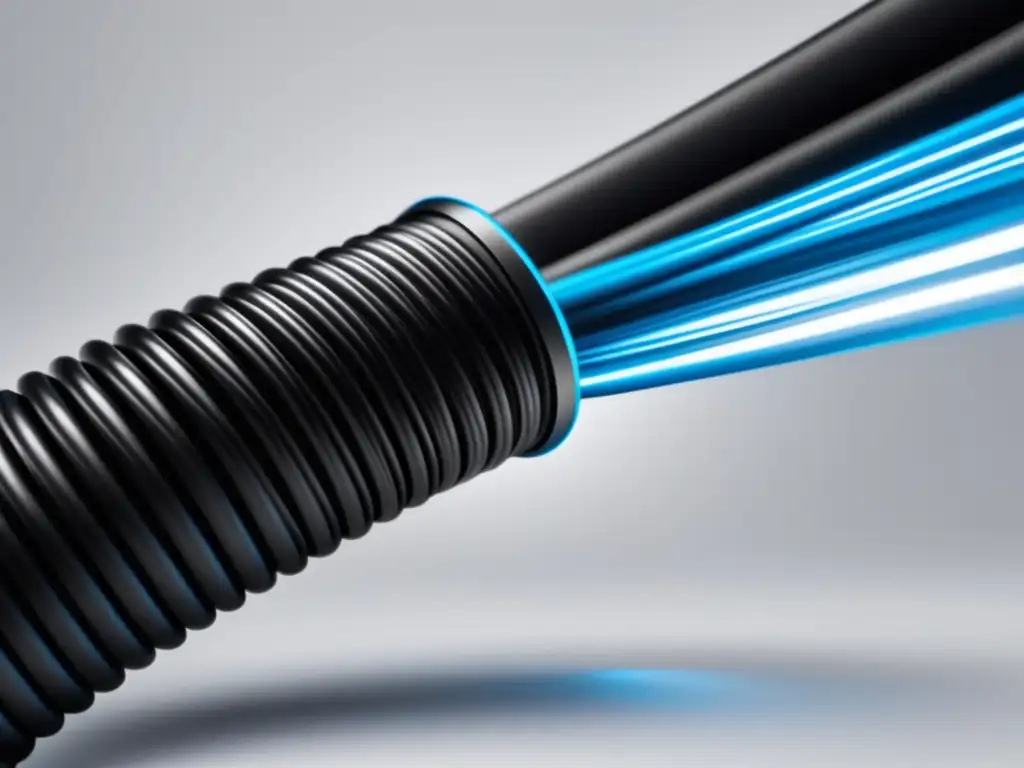 Importancia de la fibra óptica en seguridad digital: cable negro de fibra óptica, coiled y alineado con detalle, emitiendo luz azul futurista