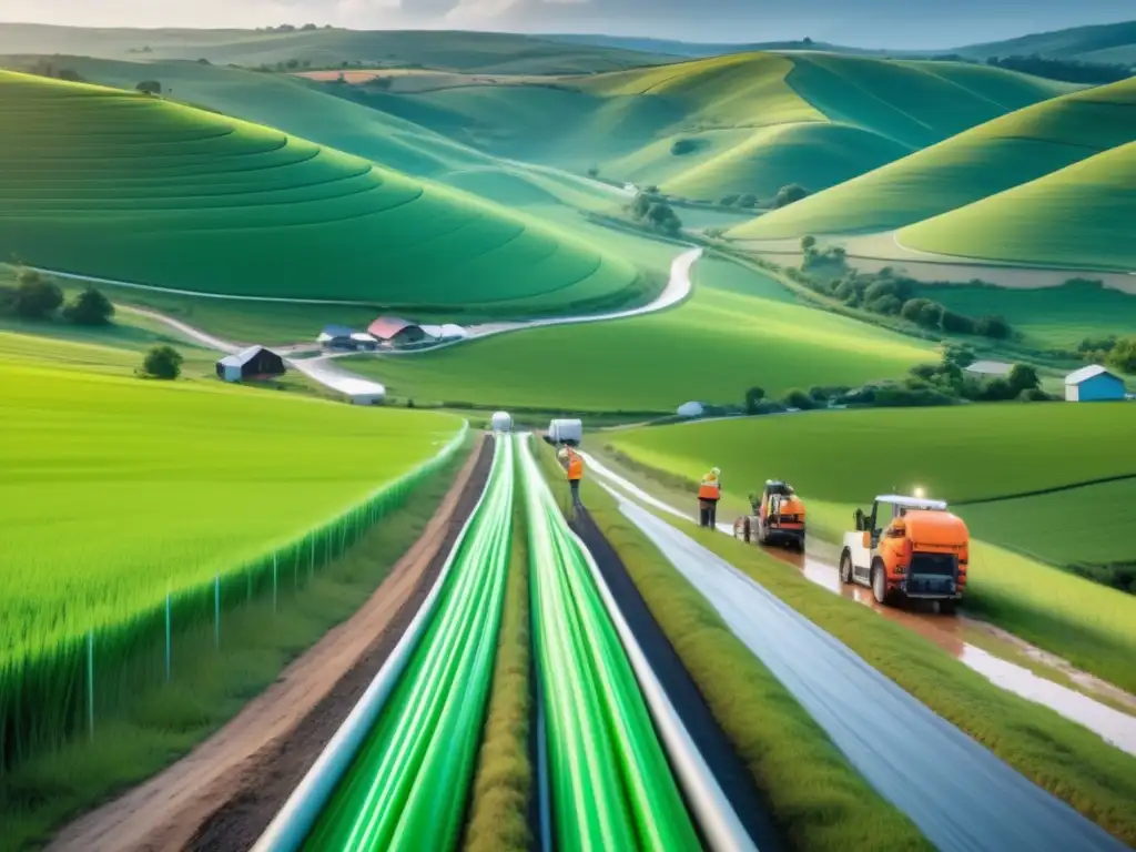 Despliegue de fibra óptica en áreas rurales: paisaje rural con instalación y técnicos trabajando