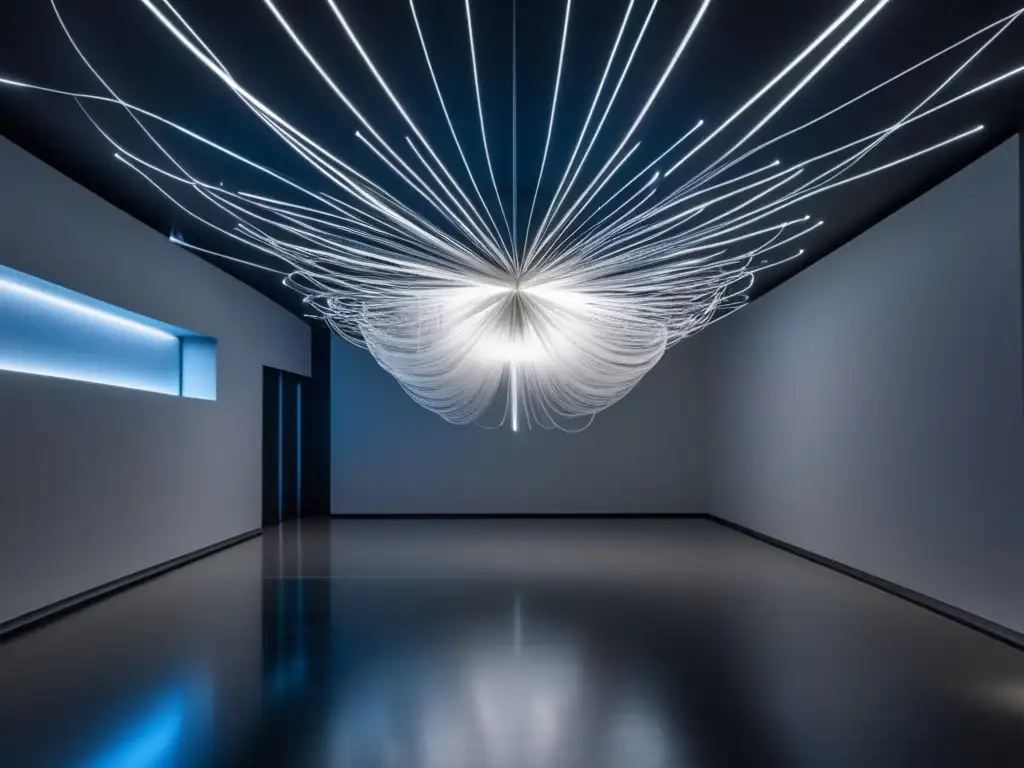 Impacto de la fibra óptica en el arte: Escultura hipnotizante de cables luminosos en un espacio minimalista