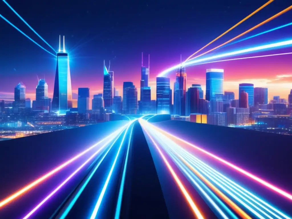 Investigaciones en fibra óptica revolucionaria: imagen 8k detallada de cable iluminado en una ciudad futurista