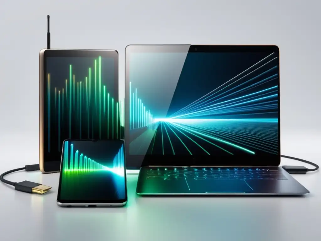 Ventajas de la fibra óptica en dispositivos personales: imagen 8k ultradetallada de smartphone, tablet y laptop conectados por cables de fibra óptica