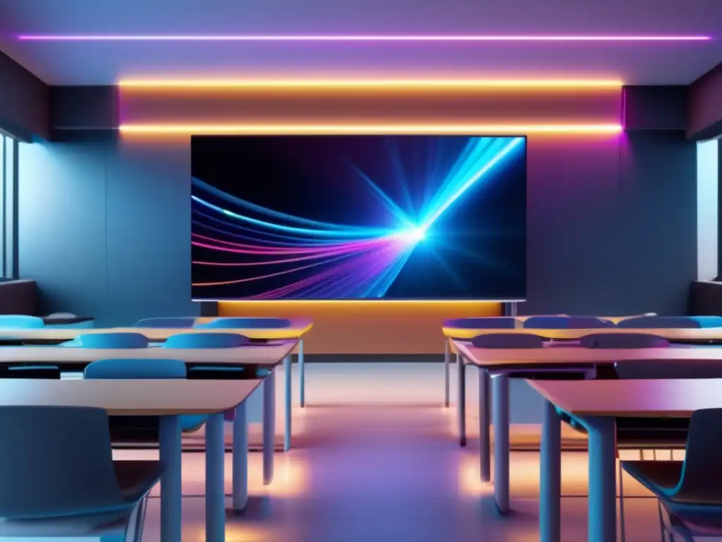 Ventajas óptica de fibra en educación: aula moderna con holograma de contenido educativo, diseño minimalista, cableado integrado y luz natural