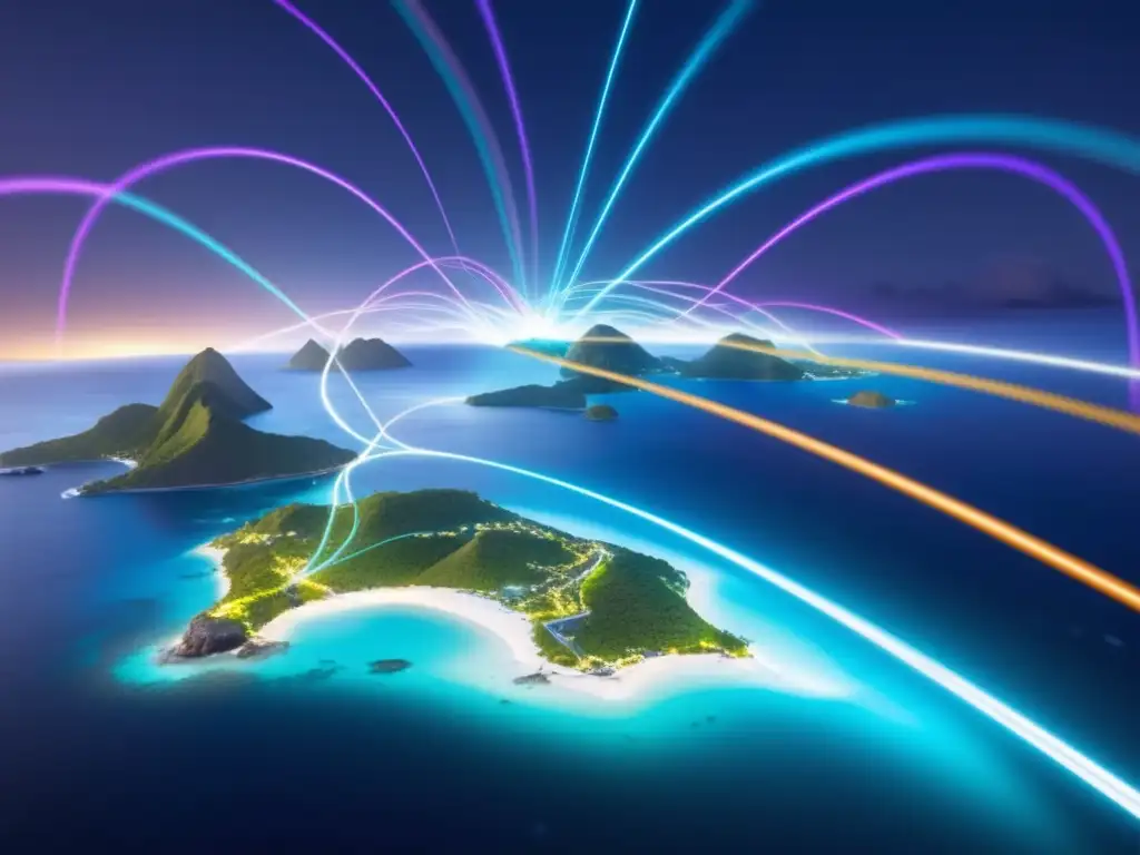 Impacto de la Fibra Óptica en el Caribe: red de cables futurista que conecta islas, simbolizando la transformación de la comunicación