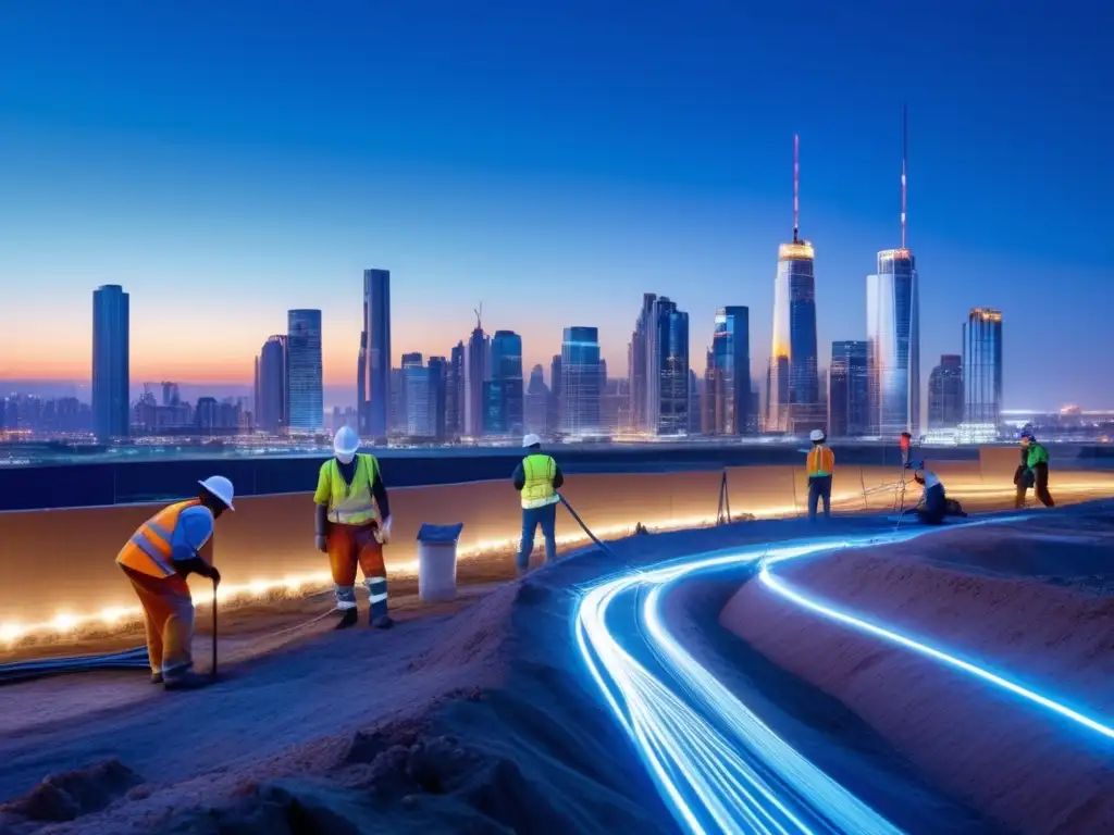 Desafíos fibra óptica a largo plazo: ciudad moderna al atardecer, trabajadores instalando cables iluminados en trinchera, red global comunicación