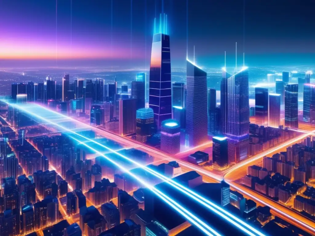 Importancia de la fibra óptica en redes 5G: ciudad futurista iluminada por cables ópticos