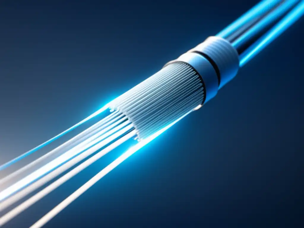 Fibra óptica y ciberseguridad: Imagen ultradetallada 8k de un cable óptico transparente iluminado por luz azul, simbolizando la tecnología avanzada y la protección contra ciberdelincuentes