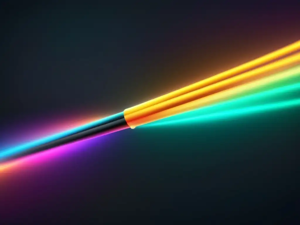 Solución conectividad futura fibra óptica: imagen de cable de fibra óptica elegante y colorido, transmitiendo señales a través de luz