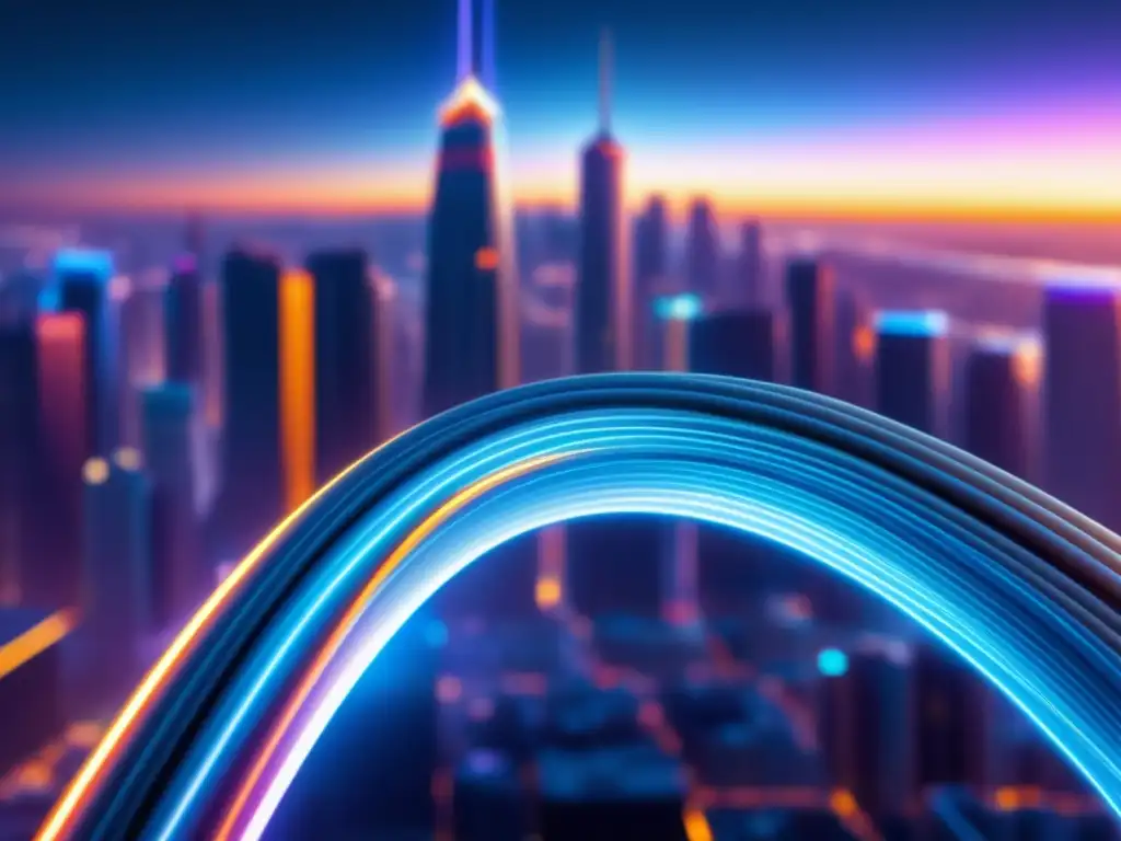 Fibra óptica revolución tecnológica en una ciudad futurista con cable transparente y pulsos de luz